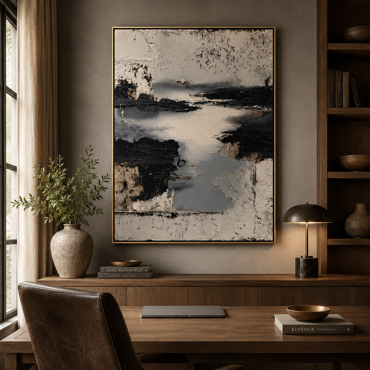 Silent Passage-Black and Beige Abstract Painting