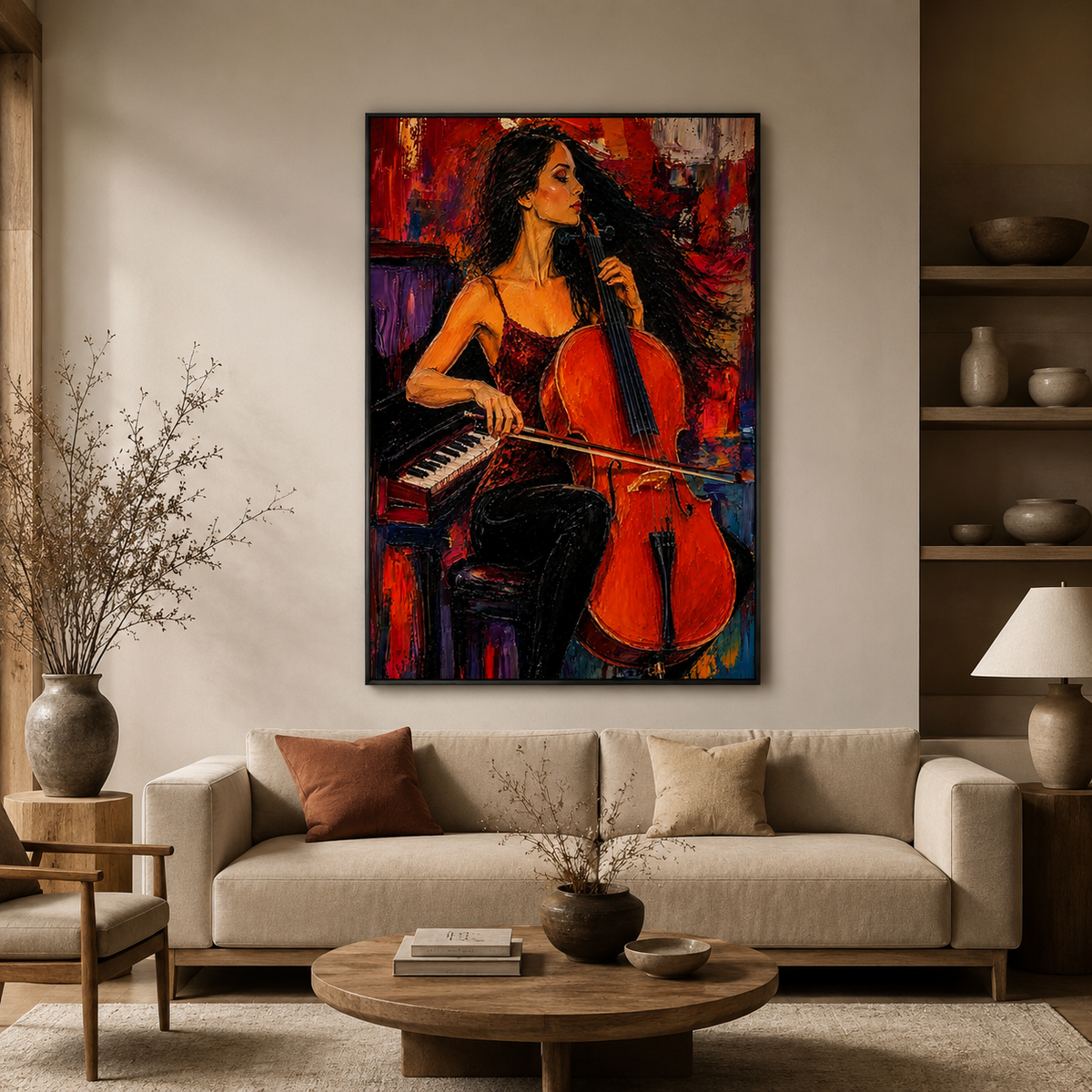 Crimson Sonata-Cellist Woman Painting