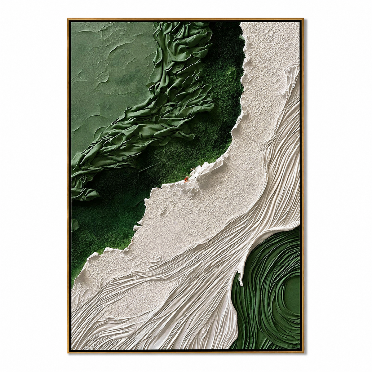 Verdant Rift-Green White Textured Abstract Painting