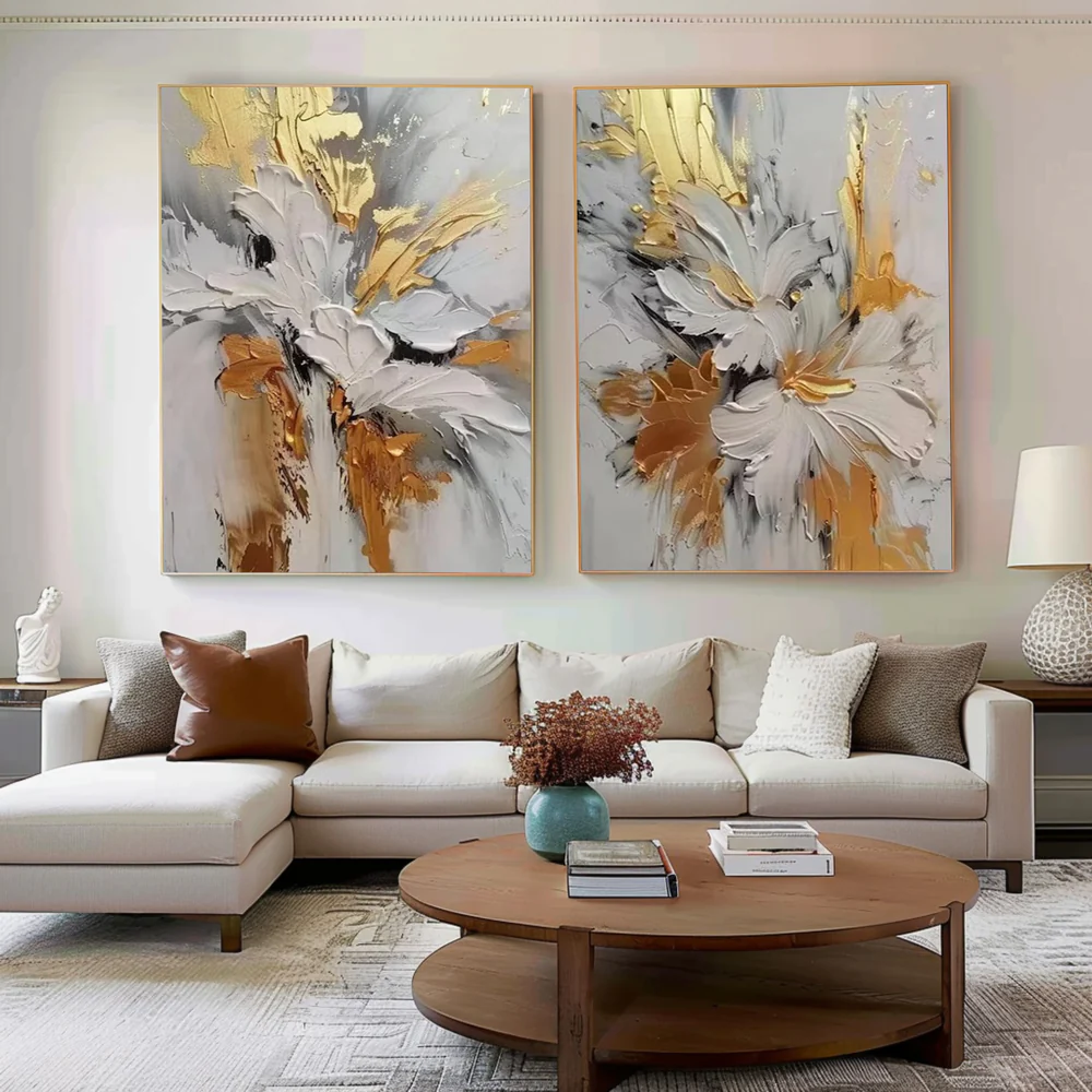 Ivory Bloom-Gold Abstract Floral Diptych