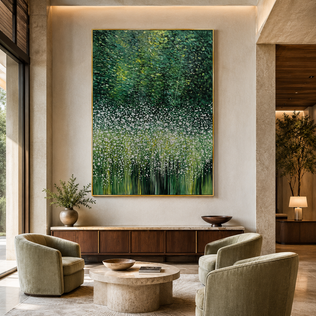 Whispering Meadow-Green Floral Abstract Painting