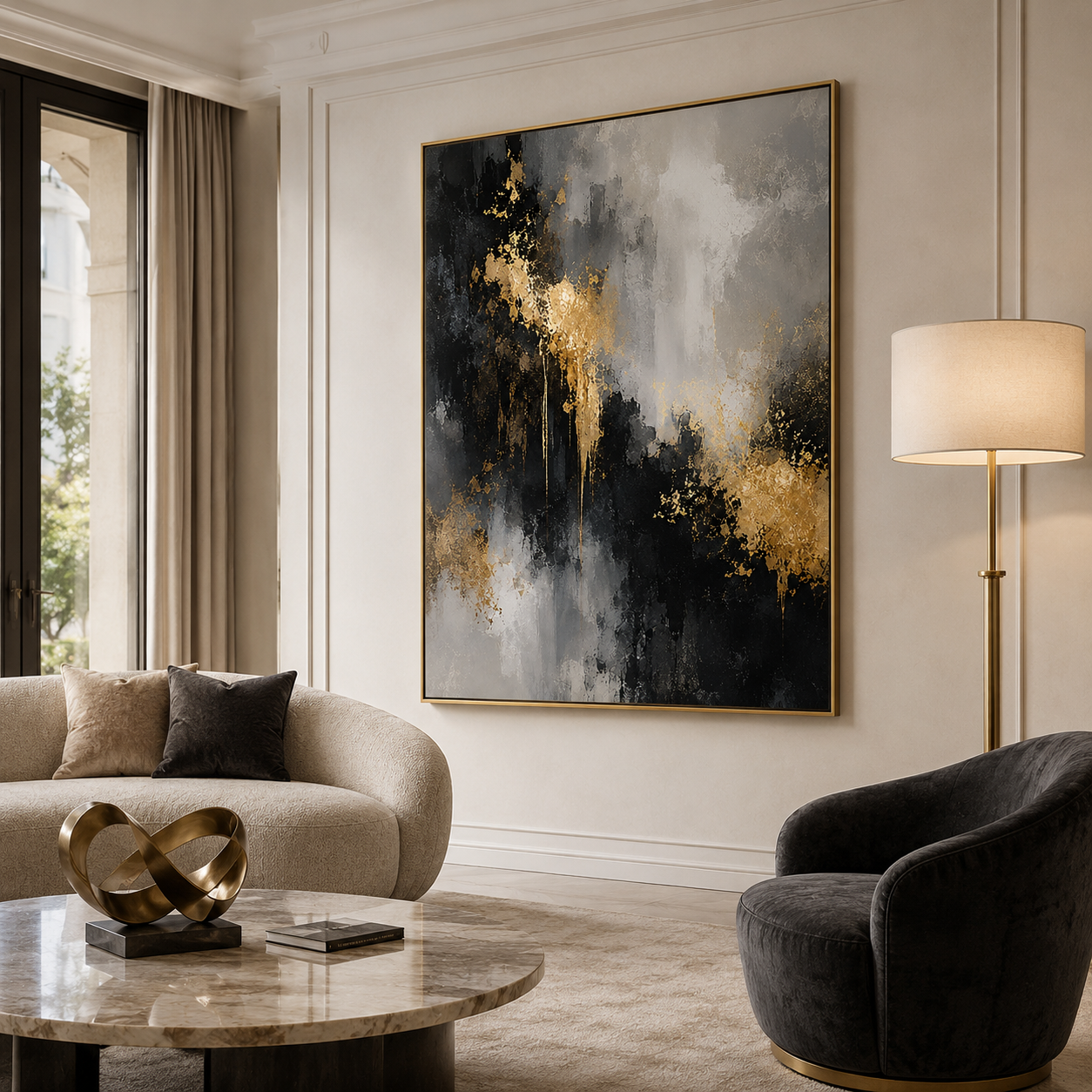 Golden Veil-Black Gray Abstract Painting