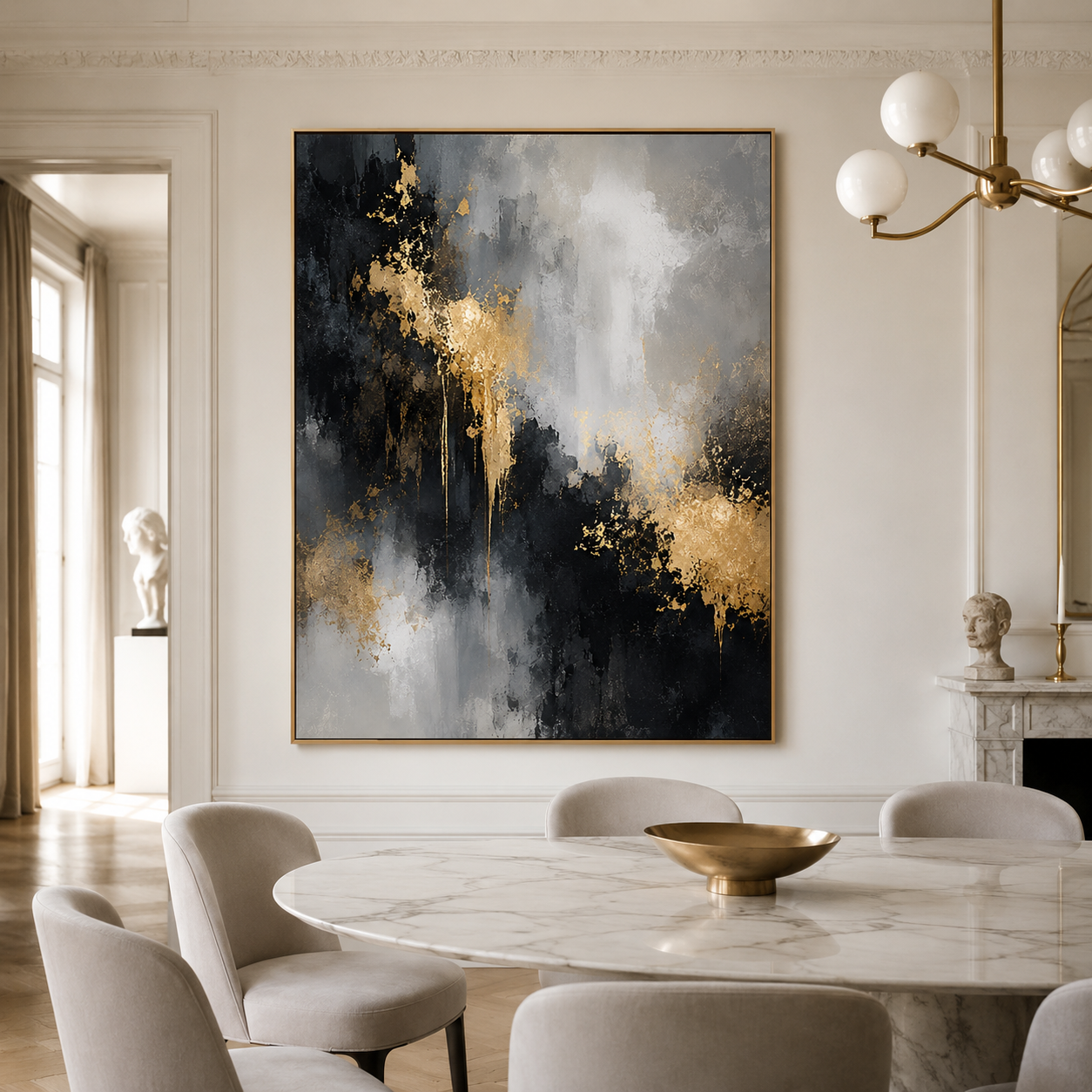 Golden Veil-Black Gray Abstract Painting