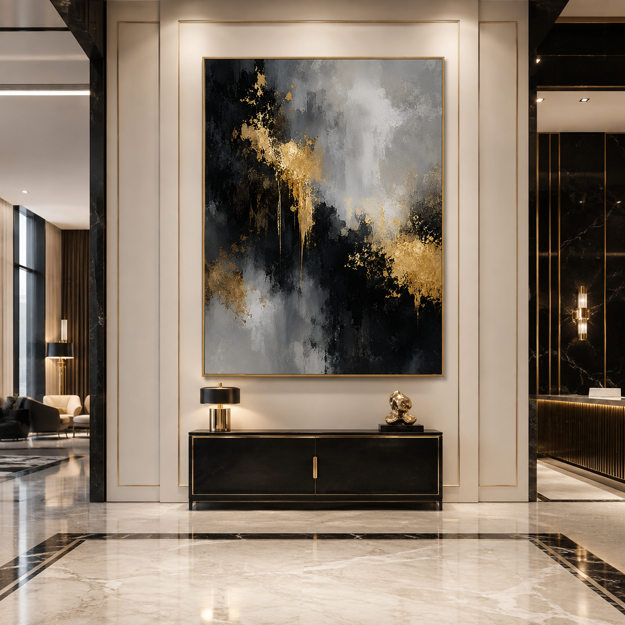 Golden Veil-Black Gray Abstract Painting