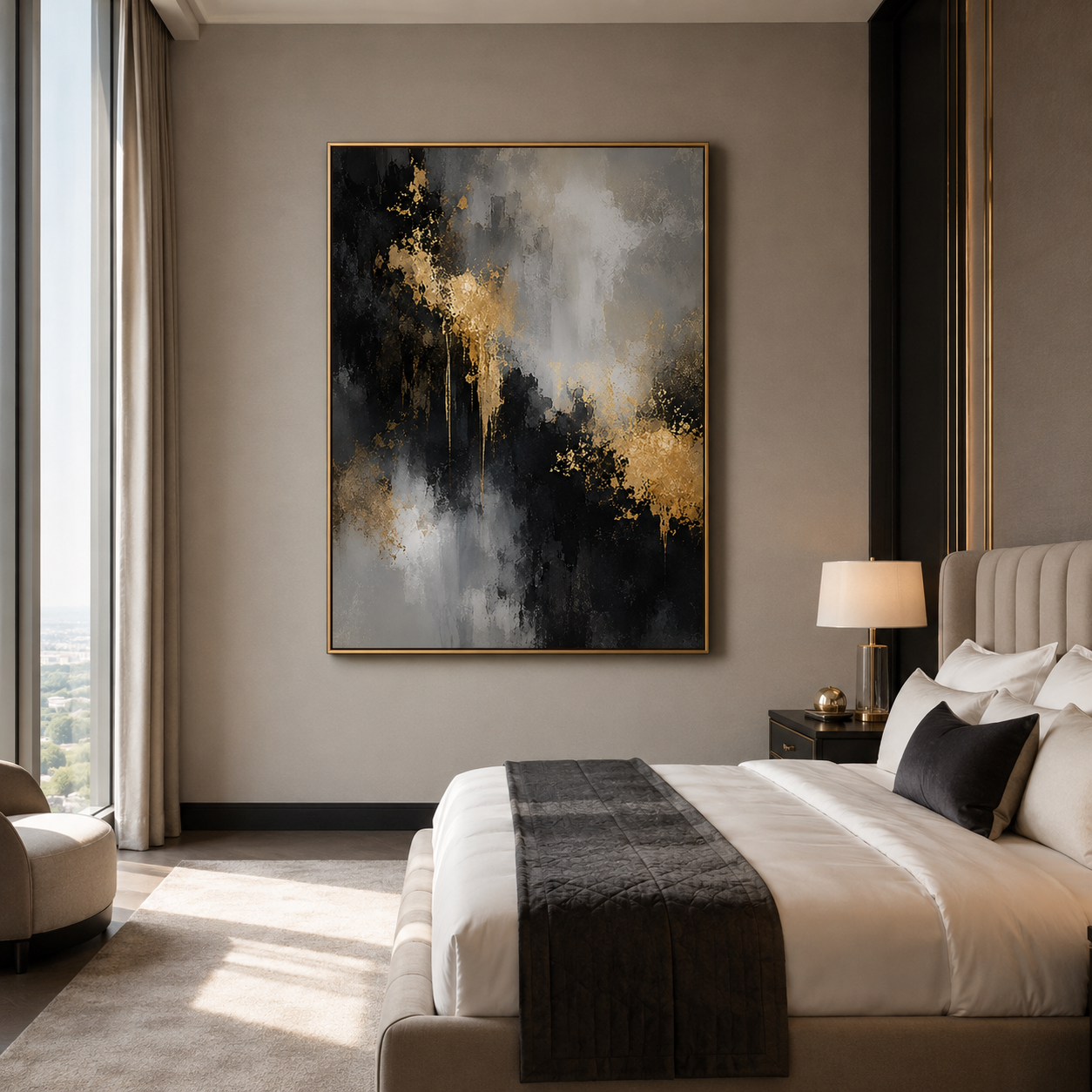 Golden Veil-Black Gray Abstract Painting