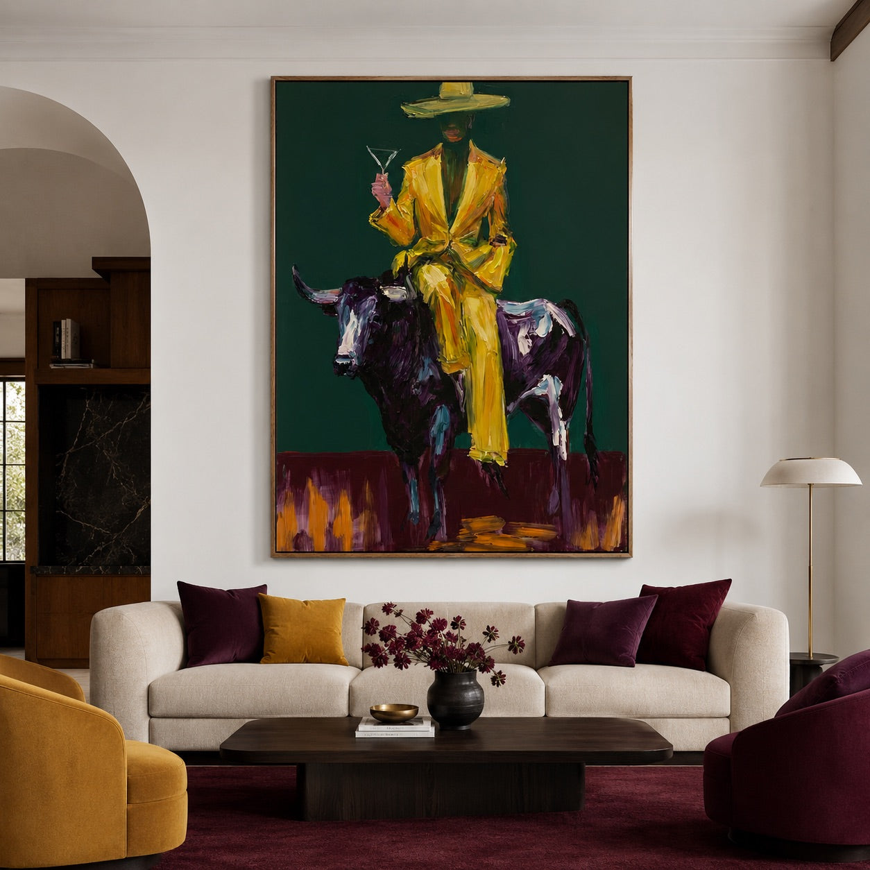 Golden Rodeo-Cowgirl Bull Oil Painting