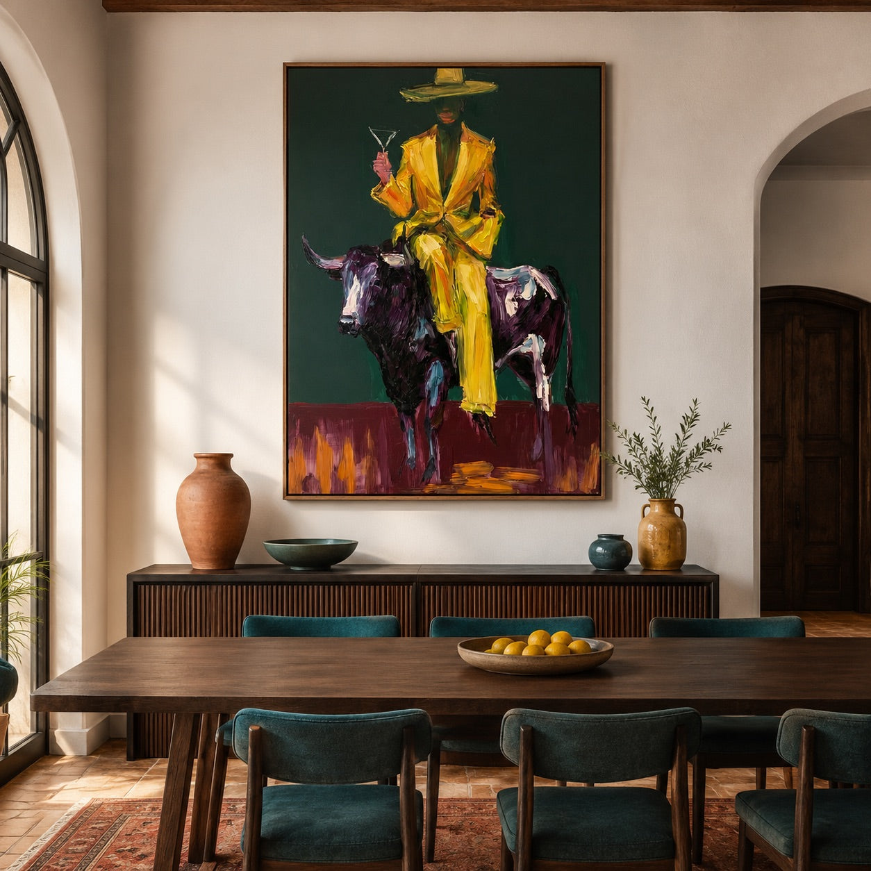 Golden Rodeo-Cowgirl Bull Oil Painting