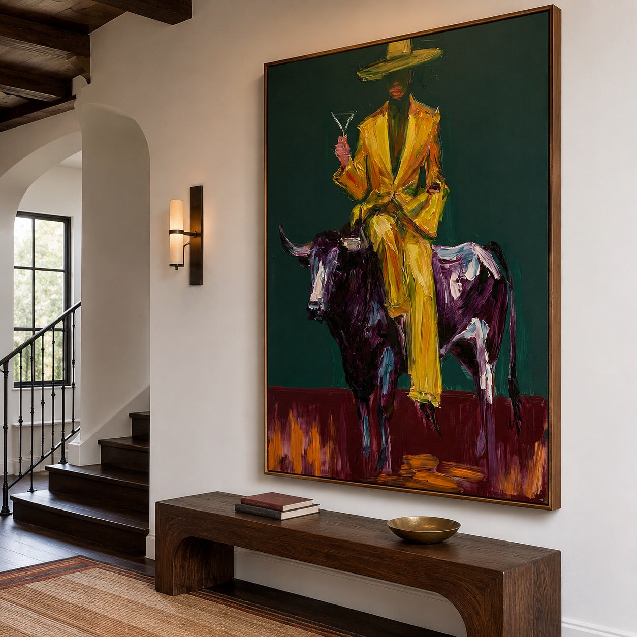 Golden Rodeo-Cowgirl Bull Oil Painting