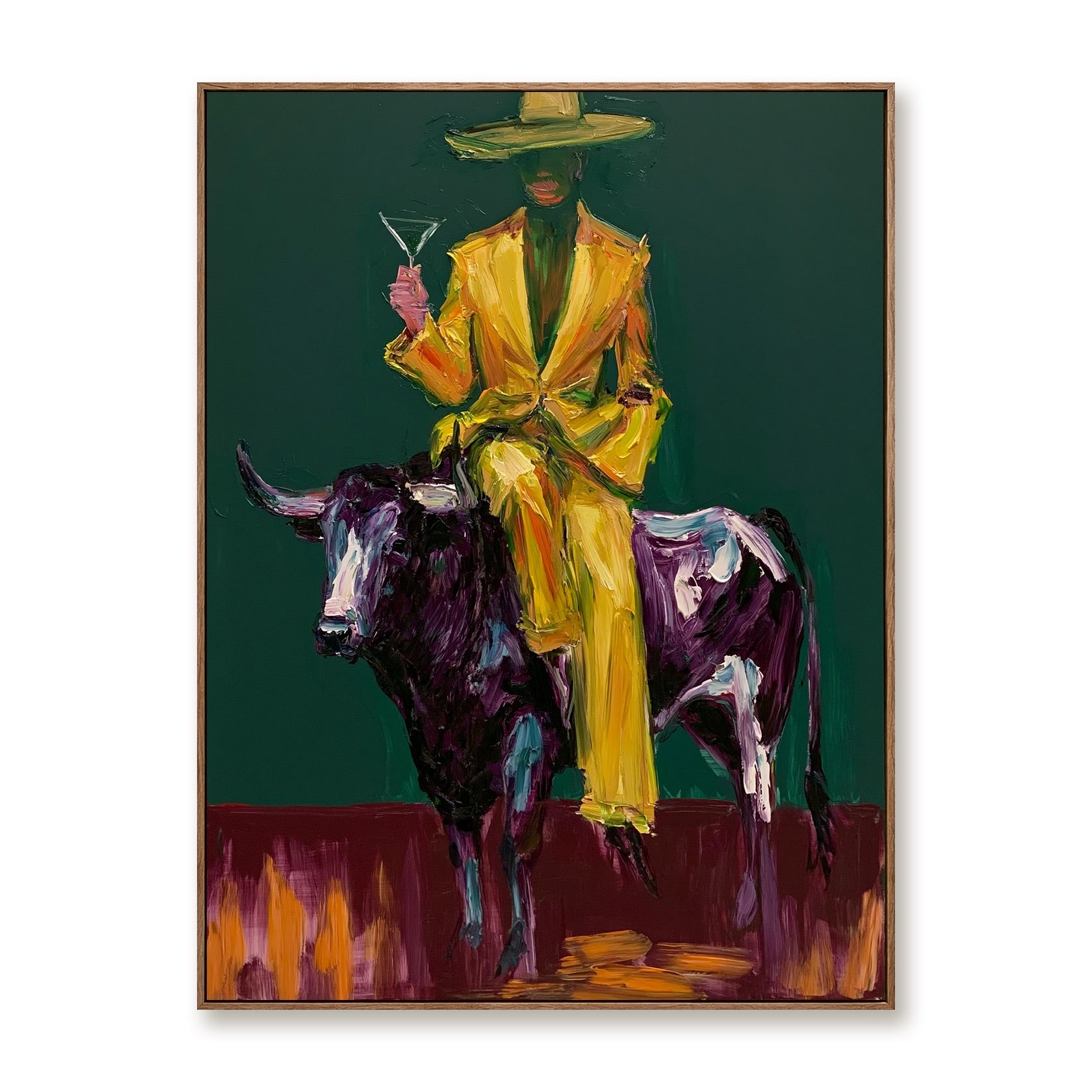 Golden Rodeo-Cowgirl Bull Oil Painting