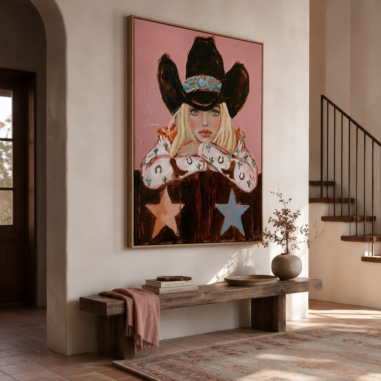 Pink Frontier-Western Cowgirl Portrait Oil Painting