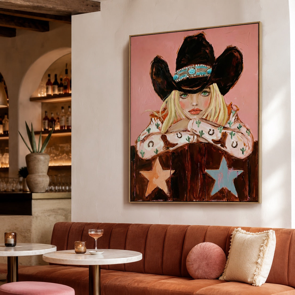 Pink Frontier-Western Cowgirl Portrait Oil Painting
