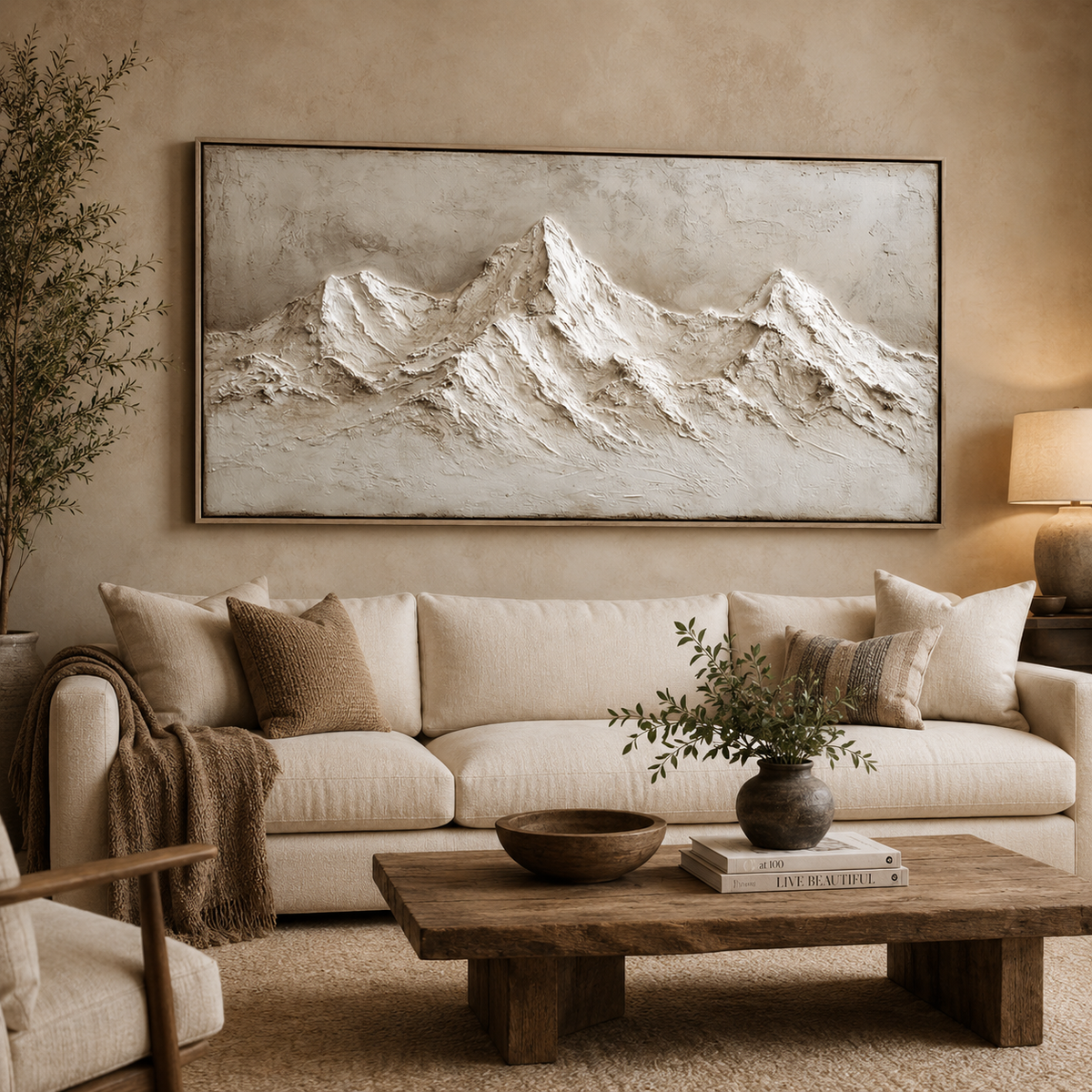 Ivory Peaks-Beige Mountain Relief Painting