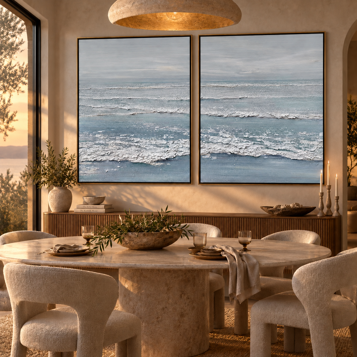 Silver Tide-Soft Blue Ocean Diptych Painting