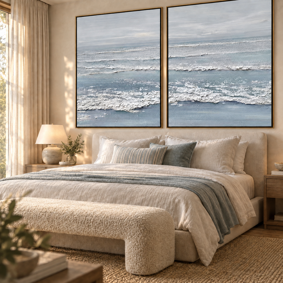 Silver Tide-Soft Blue Ocean Diptych Painting