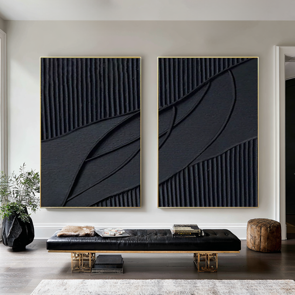 Shadow Rhythm-Black Geometric Diptych Painting