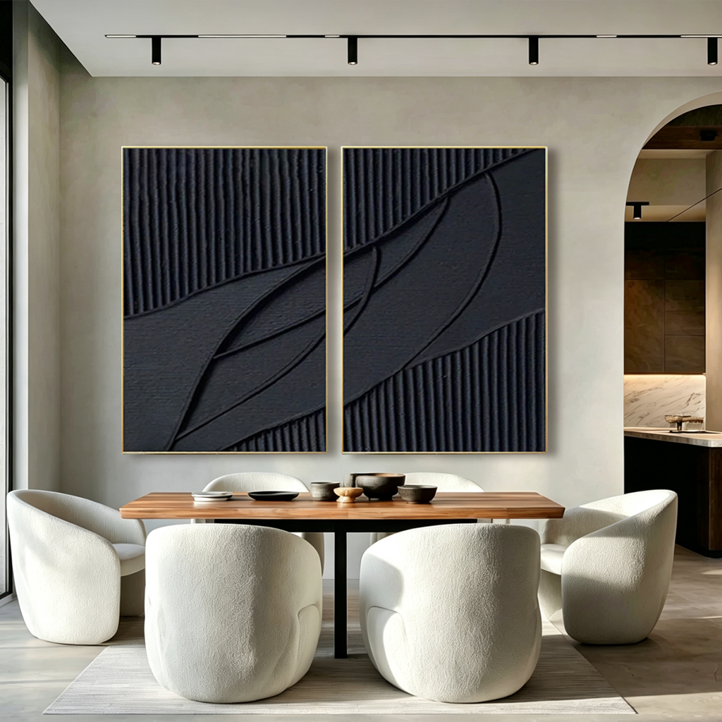 Shadow Rhythm-Black Geometric Diptych Painting