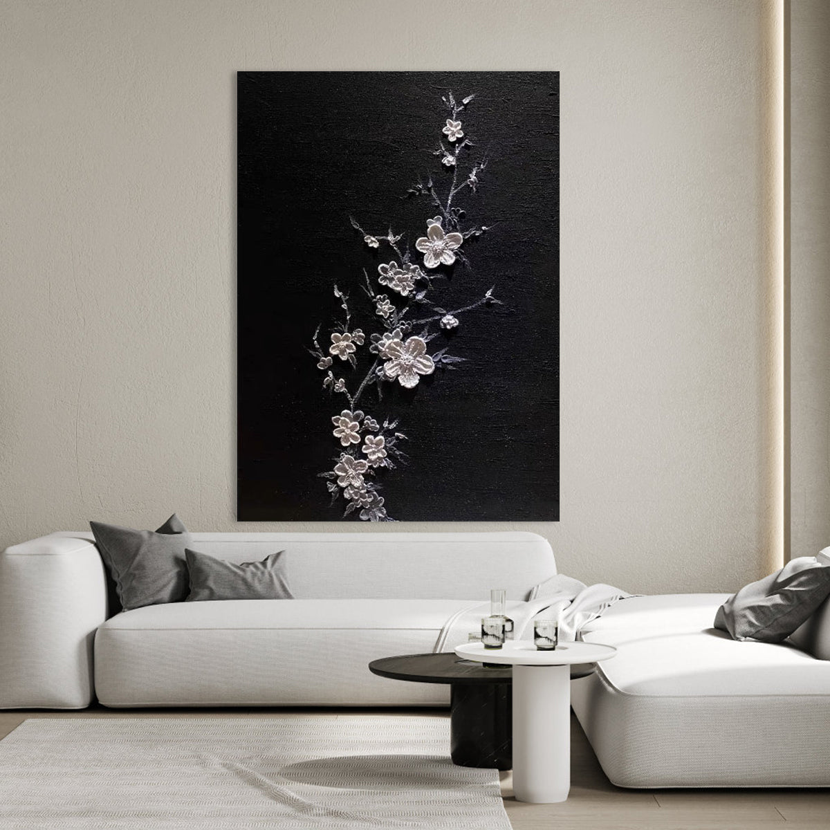 Midnight Blossom-Black Silver Floral Painting