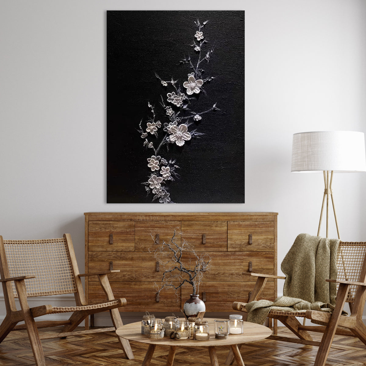 Midnight Blossom-Black Silver Floral Painting
