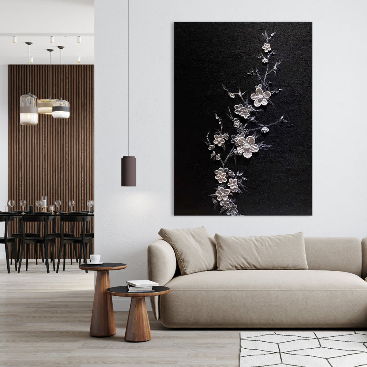 Midnight Blossom-Black Silver Floral Painting