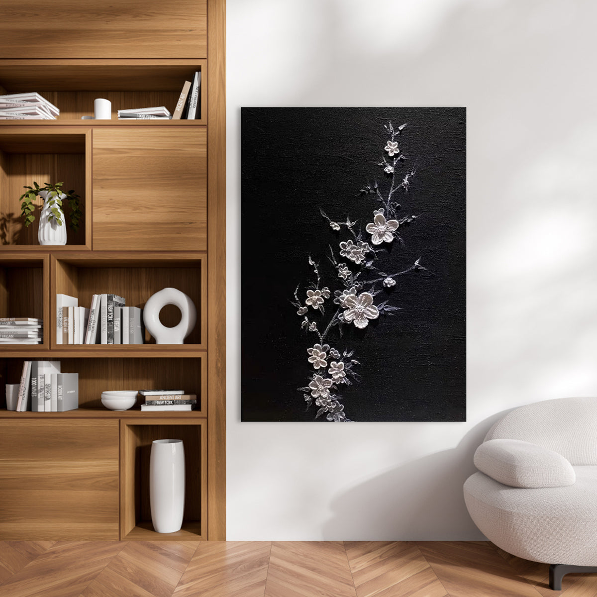 Midnight Blossom-Black Silver Floral Painting